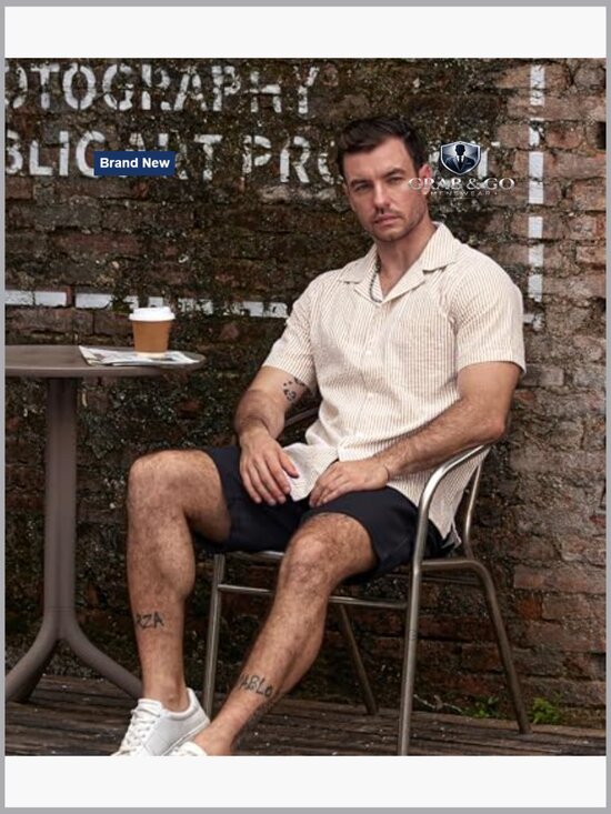 Men's Striped Cotton Button Down Short Sleeve Shirt Casual Summer Beach - Picture 4 of 7